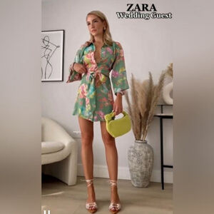 ZARA bloggers favourite Floral Boho Sarin Effect Button Up Summer Mini Dress
